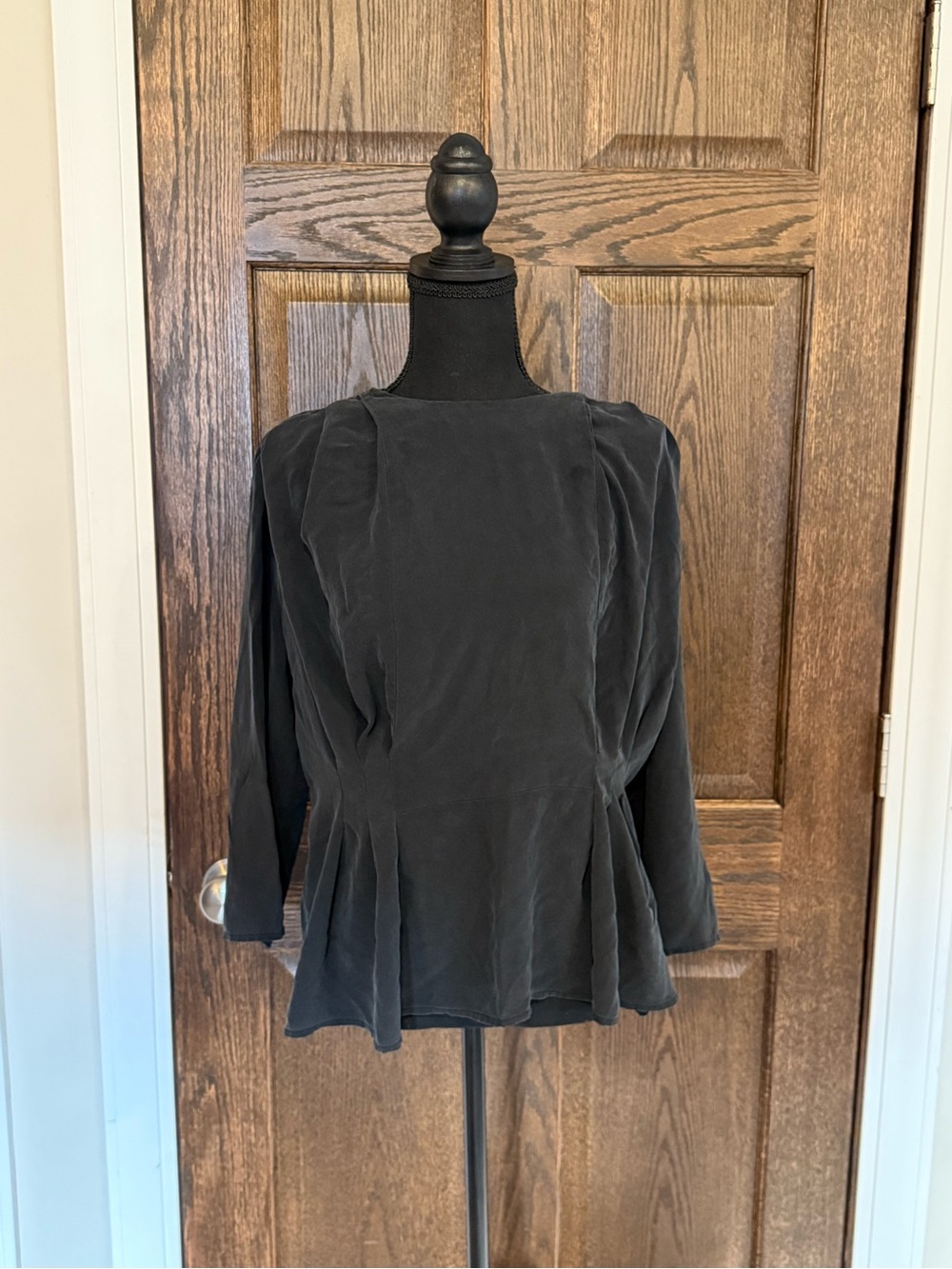 Steven Alan 100% Silk Black Long-Sleeve Peplum Blouse Back Closure Medium